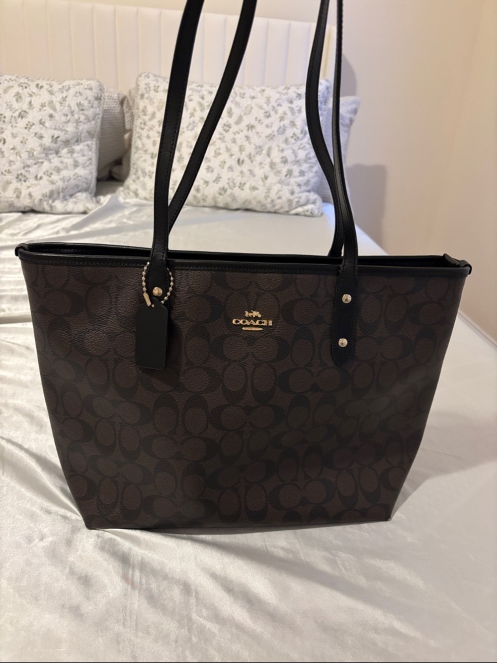 Coach Brown Signature Canvas Tote with Black Straps and Gold Logo